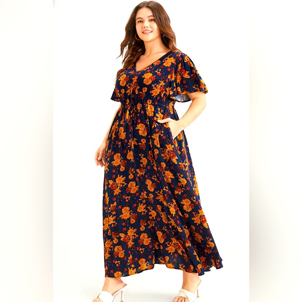 Bloom Dress -Floral Print V Neck Pocket Maxi Dress - 4X EUC Blue w/leaf print